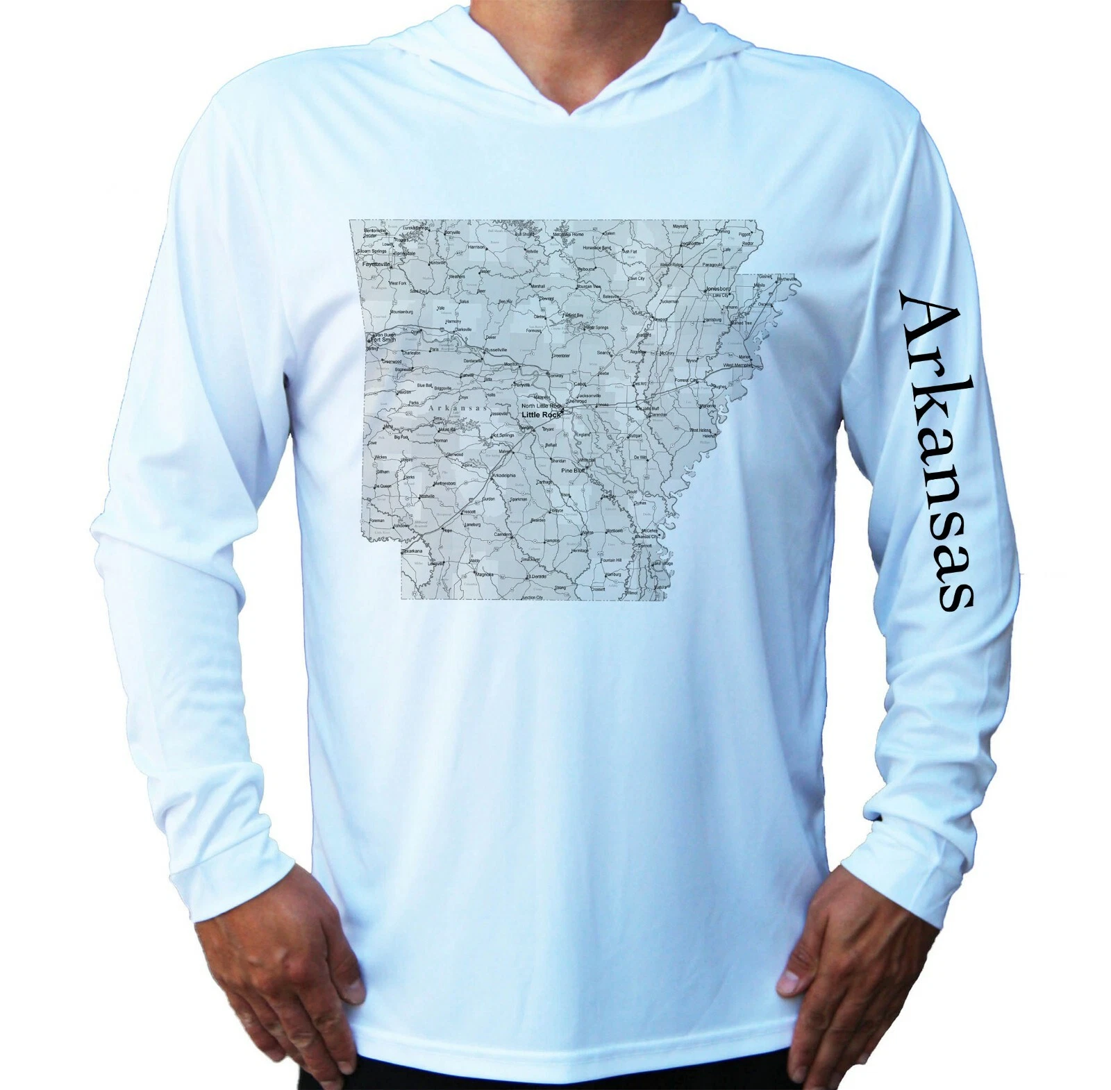 Arkansas State Map Sport UV Protected UPF 50 Long Sleeve T-Shirt Hood Fishing