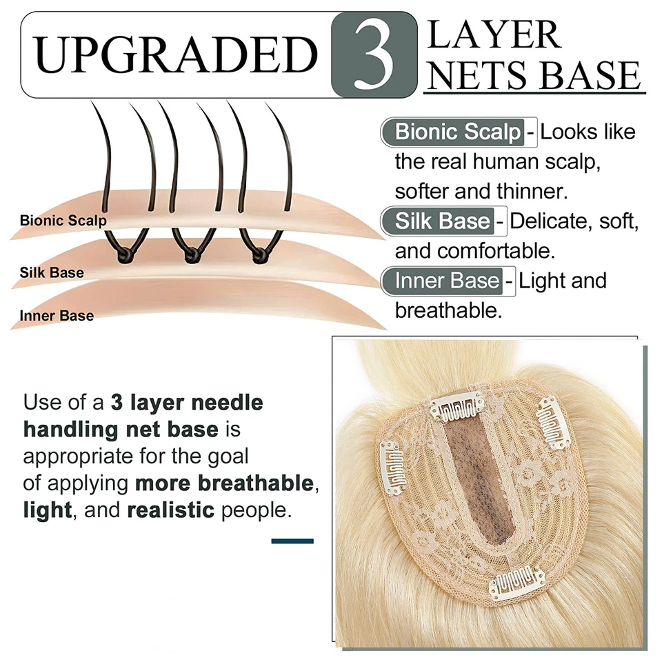 100% Remy Human Hair Topper Toupee Hairpiece Wigs Clip In Silk Base Honey Brown - Image 4 of 4