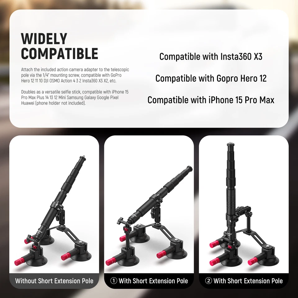 NEEWER 3-Suction Car Mount Kit w/ Pole, Quick Release for GoPro/Insta360, Camera - Image 2 of 4