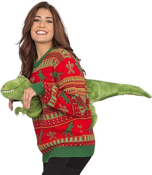Adult Unisex 3D T-Rex Red and Green Ugly Christmas Sweater - Image 3 of 4
