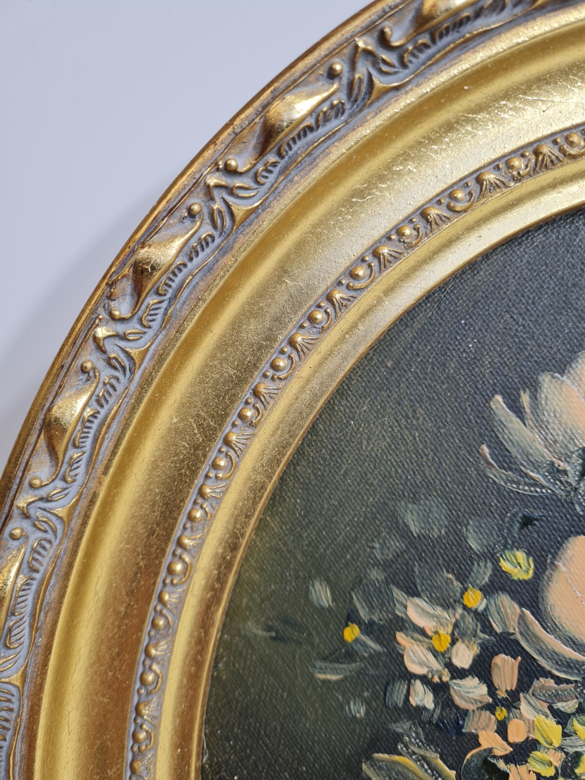 Vintage Floral Oil Painting Artist E Green Gold Gilt Ornate Oval Frame