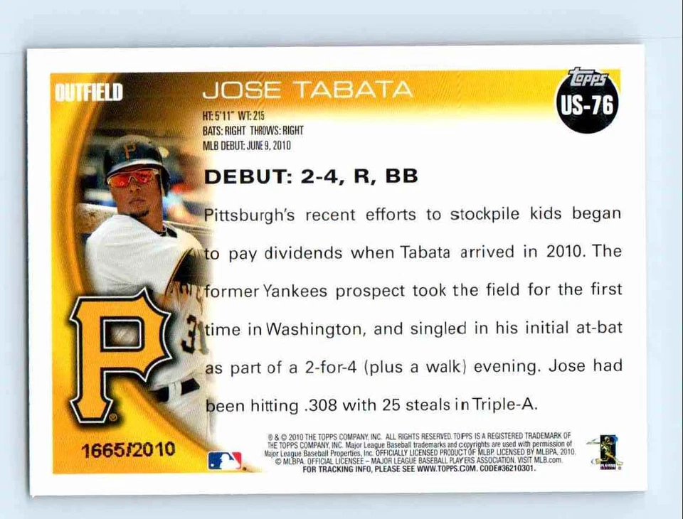 2010 Topps Update Gold Jose Tabata 1665/2010 Pittsburgh Pirates #US-76 - Image 2 of 2