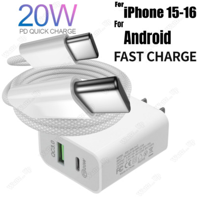 20W Power Adapter Fast Charger For iPhone 15 16 Pro Android USB C Type-C Cable