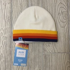 Aldi Gear 2023 Beanie Hat White Cuffed Logo Rainbow Stripes One Size Winter New