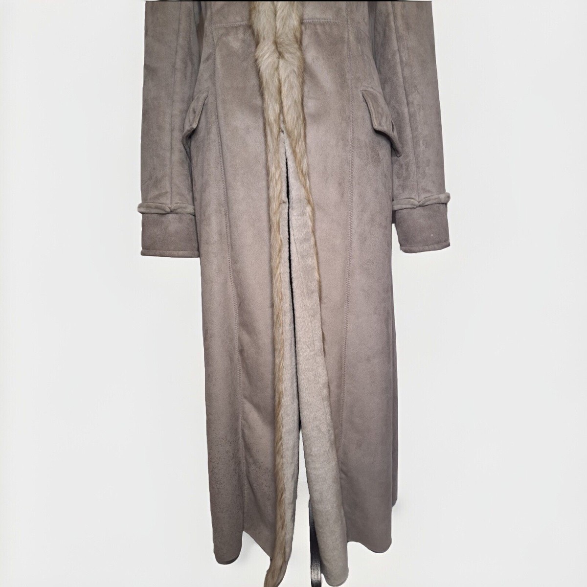 Newport News Long Gray Vegan Suede Faux fur Lined Trench Dress