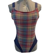 80s 90s Vintage Rainbow Seersucker High Cut Swimsuit Size 14