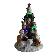 Vtg Light Up Resin Cat Christmas Tree Centerpiece Figure Holiday Decor 11" Works