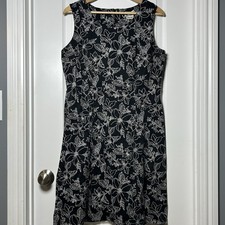 Faded Glory Vintage Black White Botanical Floral Square Neck Fitted Midi Dress