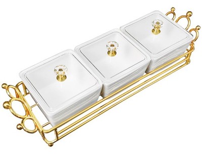 YA JU Ceramic Bowls and with Lid Gold Basket Trays, 3 Removable Small Bowls C...