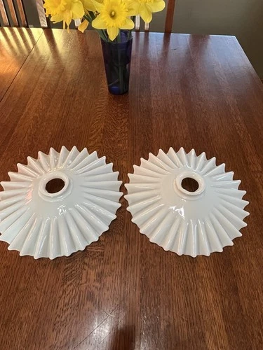 Matched Pair of Large ANTIQUE MILK GLASS RUFFLED Petticoat GLASS SHADES 9 3/4"
