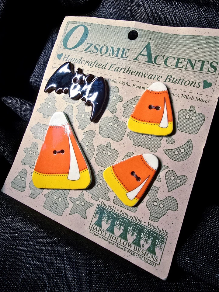 Vintage 2001 Halloween Earthenware Buttons Candy Corn Bat 2-Hole Ozome Accents - Image 2 of 4