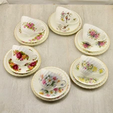 Vintage C.1960s set x6 Royal Crown Staffordshire floral trio cup, saucer & plate