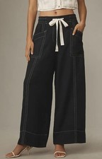 Anthropologie Maeve Linen Blend Pull-On Wide-Leg Pants Small Navy NWT Tie Waist