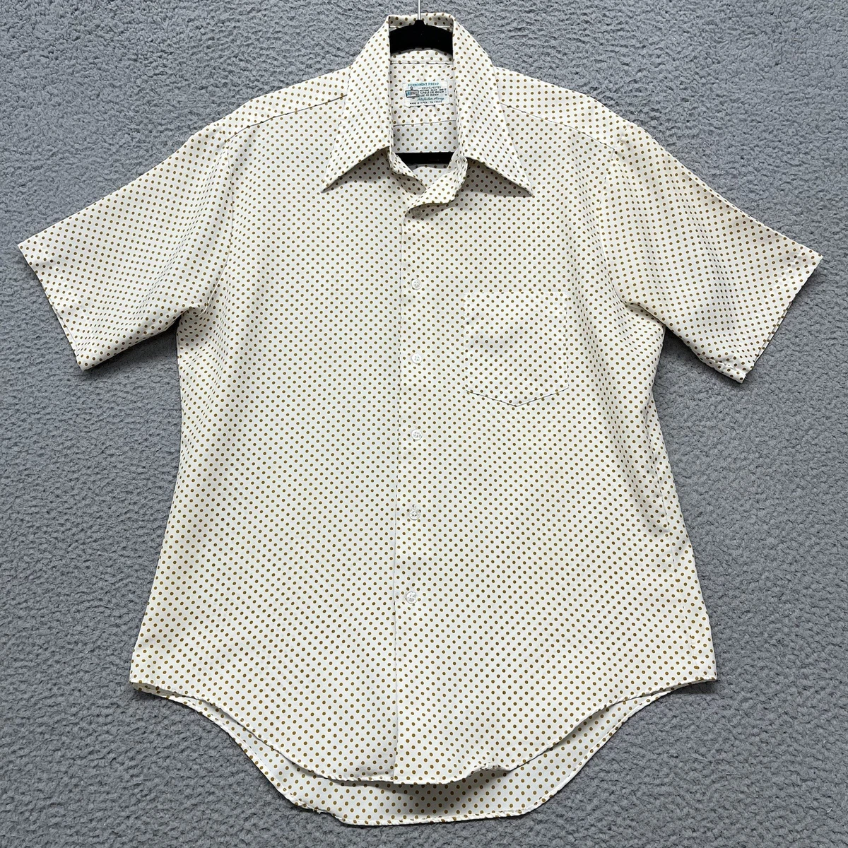 Vtg Dagger Collar Shirt Mens L White Polka Dot Disco Art Deco 