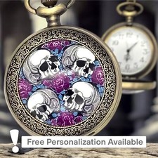 Skull Roses Pocket Watch - Gothic Purple Floral Skeleton Charm Halloween Gift