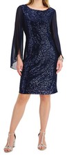Women  s Formal Dress Navy CONNECTED APPAREL Chiffon Long Sleeves Sheath Sequins