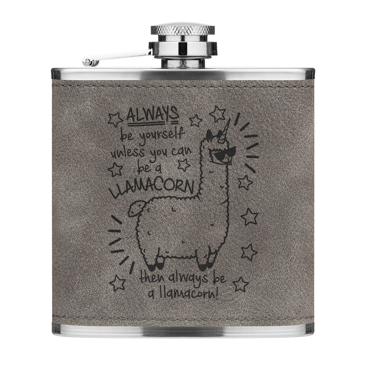 Always Be Yourself Llamacorn 6oz PU Leather Hip Flask Grey Unicorn Llama Magical