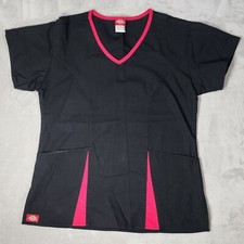 Dickies Scrub Top Womens XS Black Pink Pockets Medical Dental Nurse Caregiver