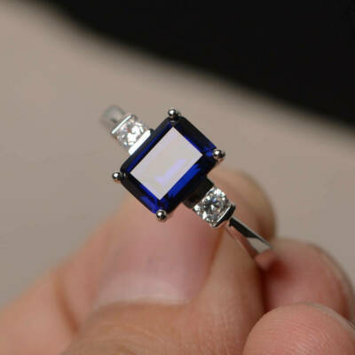 3Ct Emerald Cut Blue Sapphire Engagement Ring Trilogy 14k White Gold Finish Gift