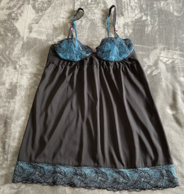 Cosmopolitan Black Teal Sheer Lace V Neck Lingerie Sexy Babydoll Size L
