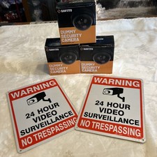 3 Savito Dummy Security Cameras with flashing light NEW With 2 Warning Signs 