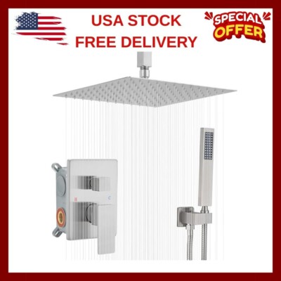 Brushed Nickel Shower System Bathroom 12 Inch Rain Shower Head Ceiling ...