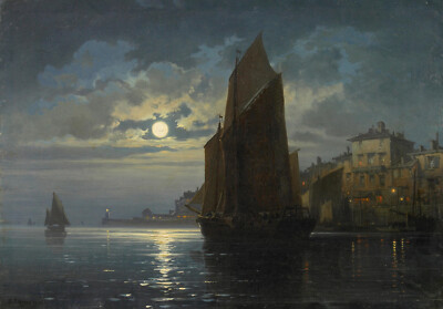 Charles Euphrasie Kuwasseg - Vessels at Moorings Under Moonlight (1867) -17''x22''