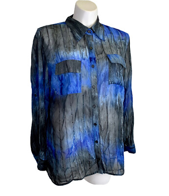 CJ Banks Button Up Top Blouse 2X XXL Semi Sheer Blue Black Long Sleeve EUC