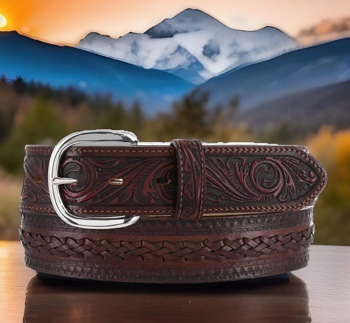 90’S TONY LAMA western BELT Brown Leather Tony Lama Western Belt With Silver Scroll