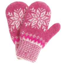 Snowflake Kids Wool Mittens Warm Cozy No-Itch Mittens 4-6 y.o. Handmade Pink