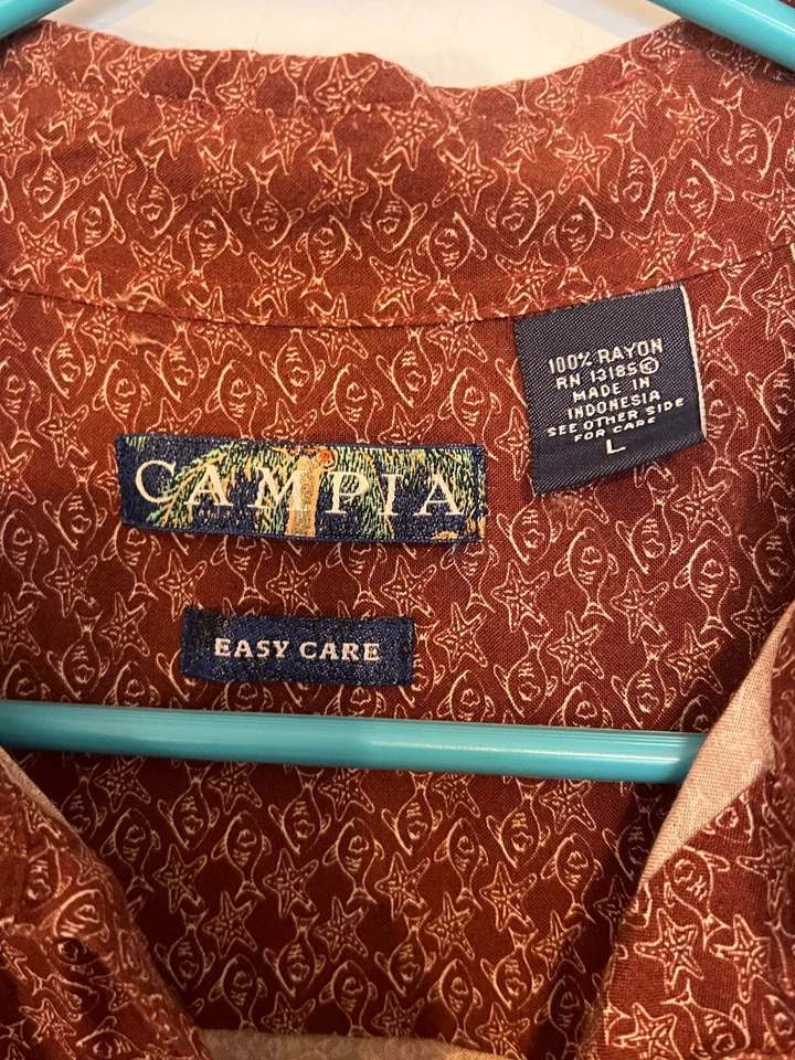 Campia Shirt Men L Large Red Geometric Button Up Collared Short Sleeve Rayon - Image 4 of 4