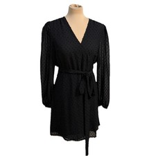 Michael Kors Swiss Dot Wrap Dress Black Sheer Long Sleeve Belted XL Elegant