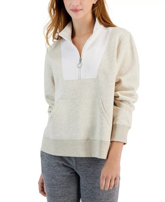 IDEOLOGY Womens Beige Colorblock Mock Neck 1/4-Zip Pullover Sweatshirt Size M