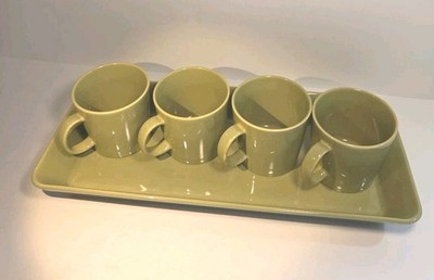 Iittala Teema Olive Green 4 Mugs Serving Tray Kaj Franck Finland Set EUC Retired
