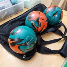 3 Duckpin  Balls Epco Paramount's 3.4 LBS Each w/ Bag Aqua Black Orange