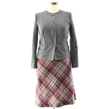 70s Vintage Red Plaid Skirt Suit Womens M Gray Collarless Levis Blazer