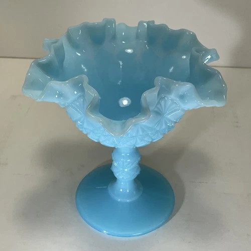 Vtg Fenton Baby Blue Glass Diamond Cut Pedestal Compote Ruffled Edge OVG