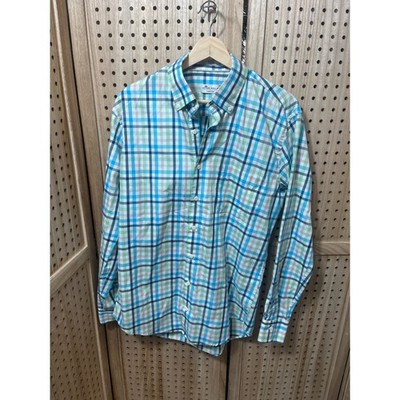Peter Millar Crown Ease Mens Medium Blue Green Plaid Cotton Button Down Shirt