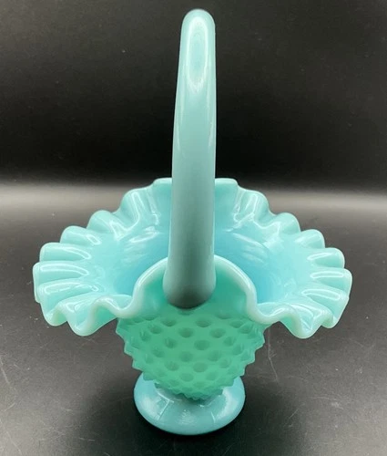 Vtg Fenton Art Glass Turquoise Blue Hobnail Mini Basket Applied Handle VGUC