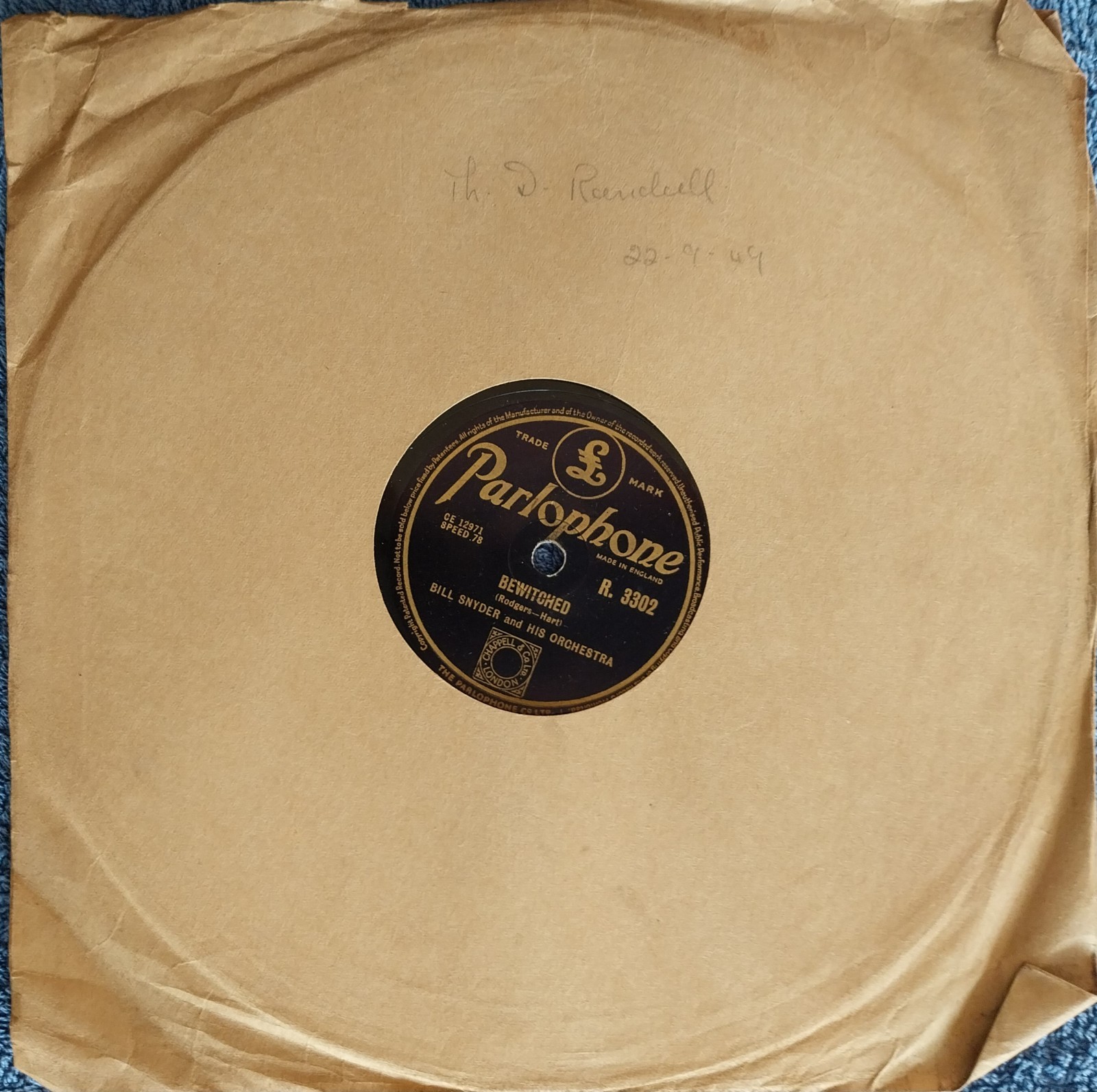 Bill Snyder: Drifting Sands/Bewitched 10" Shellac 78 1950 Excellent Condition