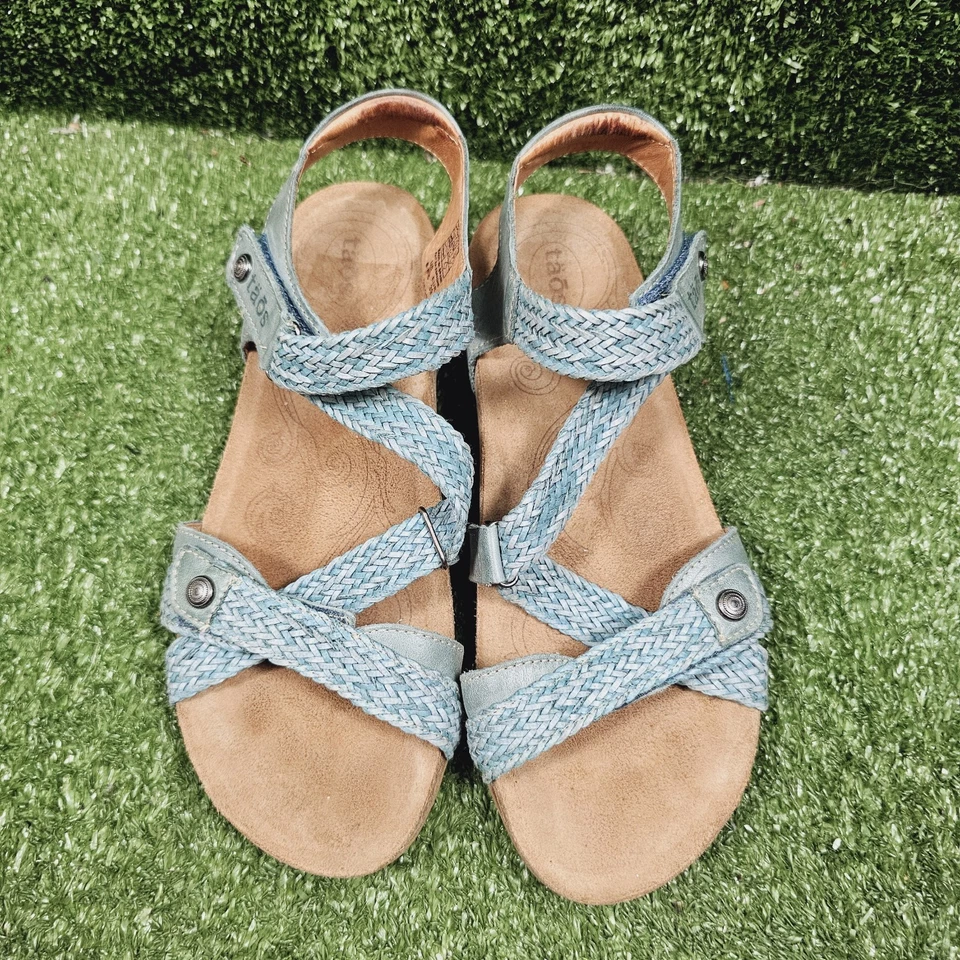 Taos Trulie Teal Leather Braided Wedge Slingback Sandals Womens Size 8 8.5 - Image 2 of 4