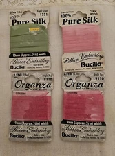 4 Bucilla Ribbon For Embroidery Silk & Organza 2.5 To 3 Yds ea NOS Pink & Green