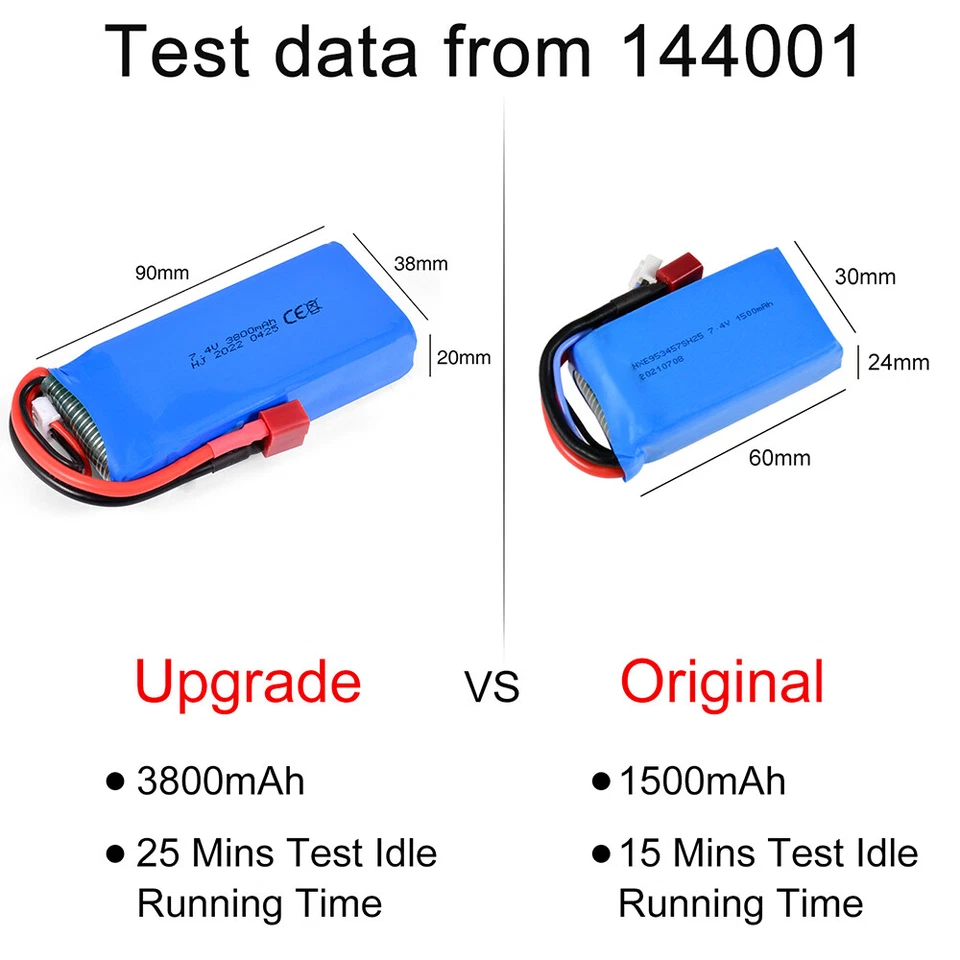 2pcs 7.4v 3800mah Rc 2s Lipo Battery T Plug For Wltoys 144001 144010 124016 - Image 2 of 4