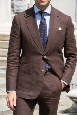 Formeller brauner Leinen Herren Anzüge Freizeit Business Smoking Hochzeit Bräutigam Blazer