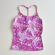 ATHLETA GIRL Tankini Swim Top : Pink Purple Palm - XL 14 Extra Large Girls