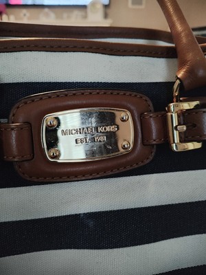 Michael Kors Hamilton Striped Canvas Large Tote Satchel Blue And 