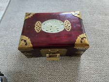 Vintage Chinese Jewelry Box Dark Wood with Gold Accents & Jade? Insert at Top