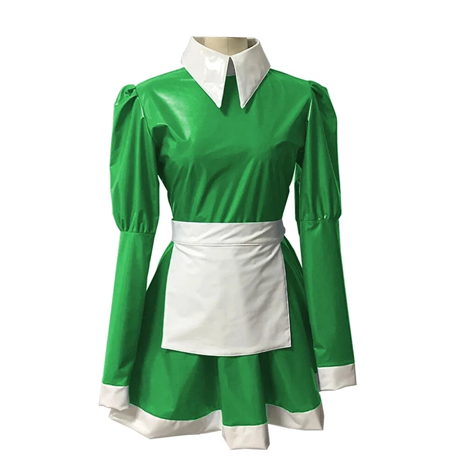 Vestido de mucama francés cuello alto uniformes de criada línea A de fiesta Sissy imitación PVC  Foto 4 de 4