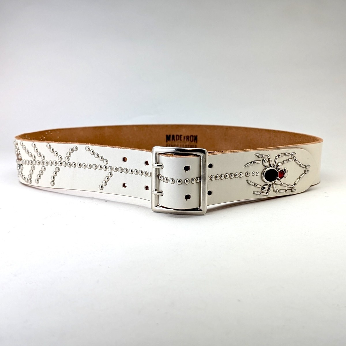 Handmade White Leather Studded Belt Spider Web Design Unisex