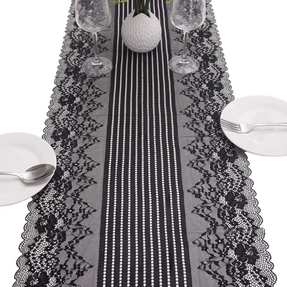 Black Vintage Lace Table Runner Tablecloth Mat Wedding Party Dining Home Decor - Image 3 of 4